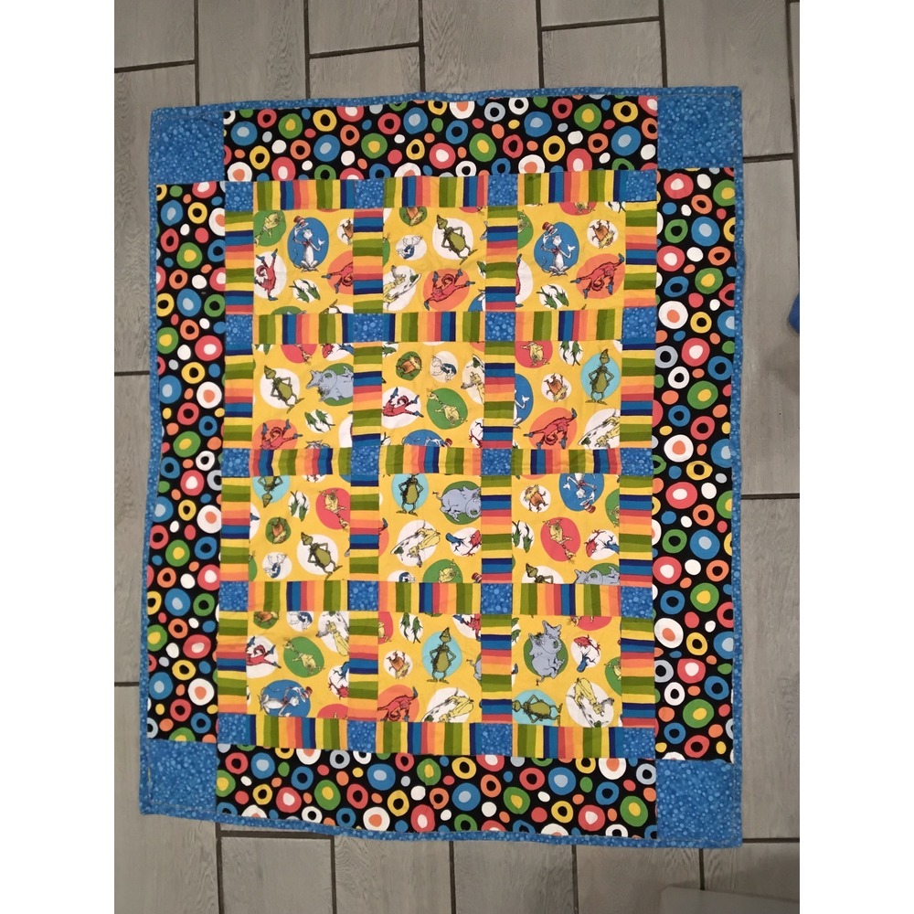 Whimsical Dr Seuss Inspired Kids Quilt Throw Blanket Yellow Characters